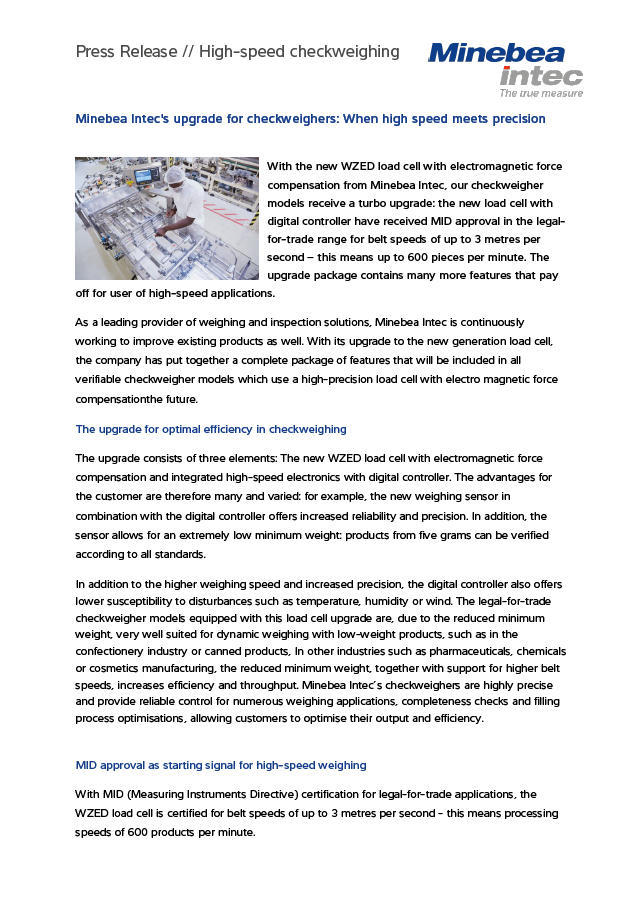 Minebea Intec's upgrade for checkweighers: When high speed meets precision - Sartorius Croatia